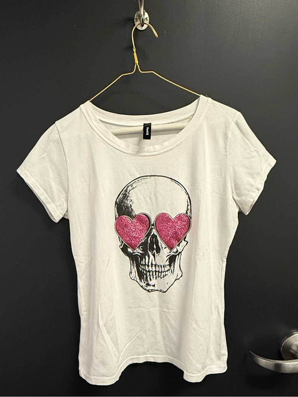 Women’s White Skull Graphic Tee with Pink Heart Sunglasses